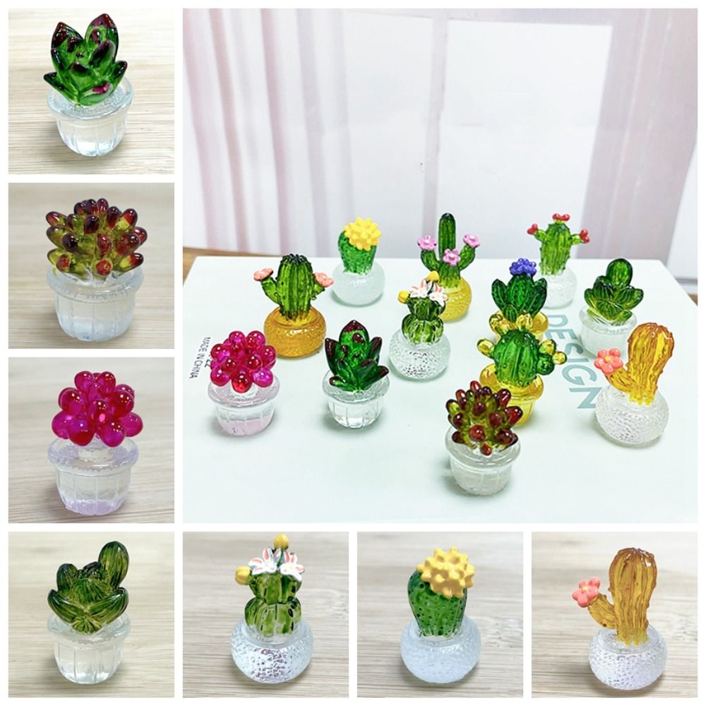 Cartoon Cactus Bonsai Decor Resin Crafts Transparent Fleshy Mini Cactus Figurines Realistic Simulated Cactus Home Accessories