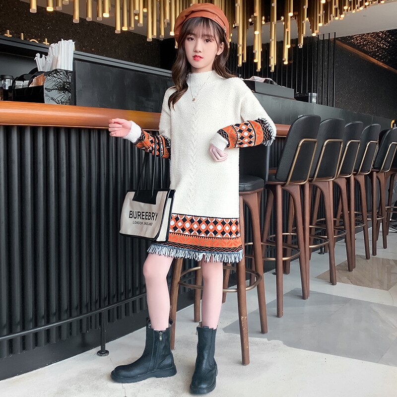 Meisjes Kwastje Truien Toevallige Kinderen Prinses Lange Trui Jurk Winter Tiener Gebreide Truien Trui Kostuum 9 12 13Y