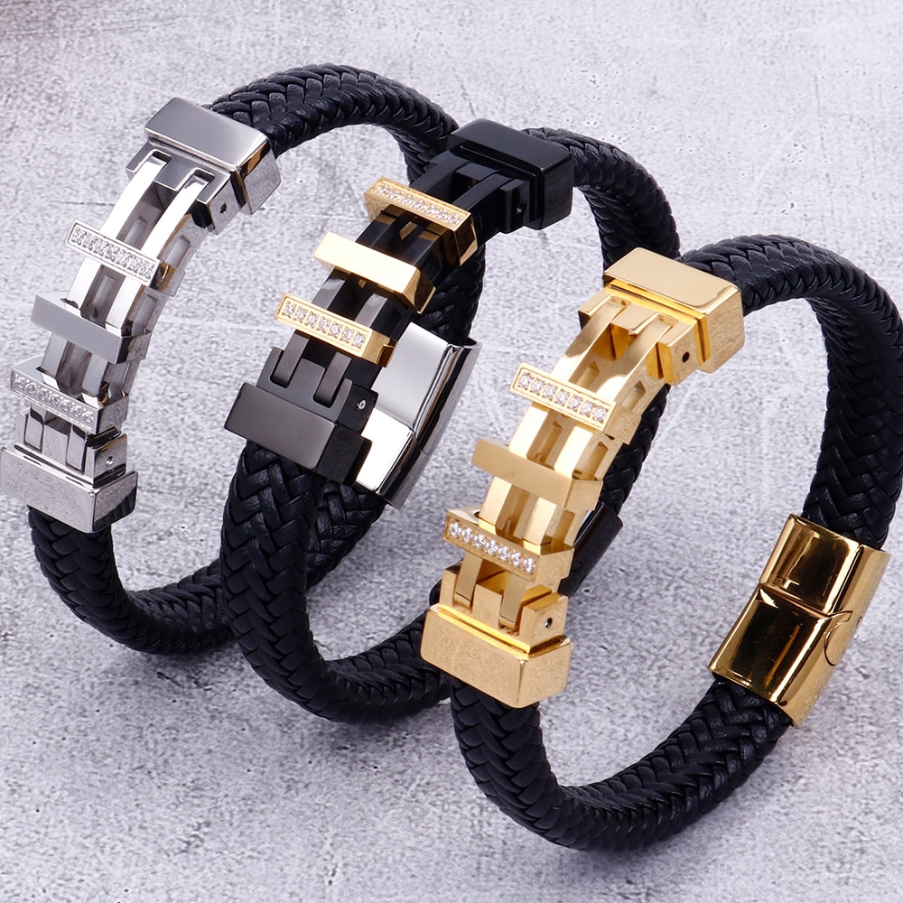 Touw Ketting Wrap Lederen Armband Mannen Goud/Zwart Rvs Heren Charme Armbanden 2022 Handgemaakte Mannelijke Sieraden Pols Hand band