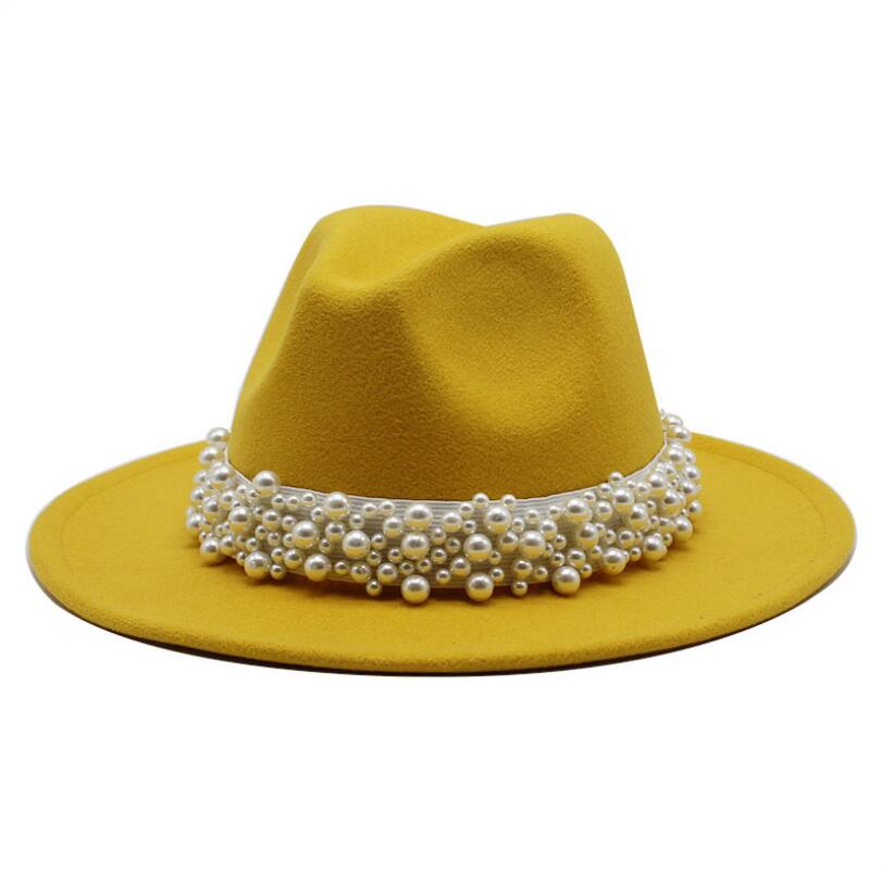 femmes hommes feutre Fedora chapeaux décontracté hommes femmes Imitation perle ruban bord Trilby formel casquette de fête