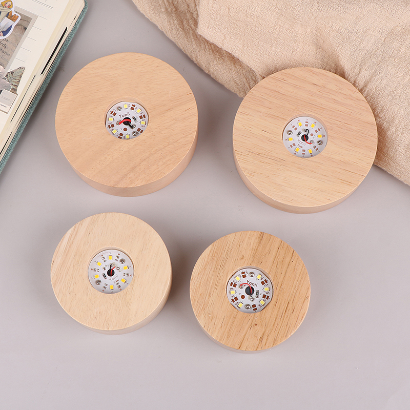Base d'affichage de lumière LED ronde en bois à piles, 8/10cm, support de lampe de nuit capable, verre de cristal, résine, ornements artistiques