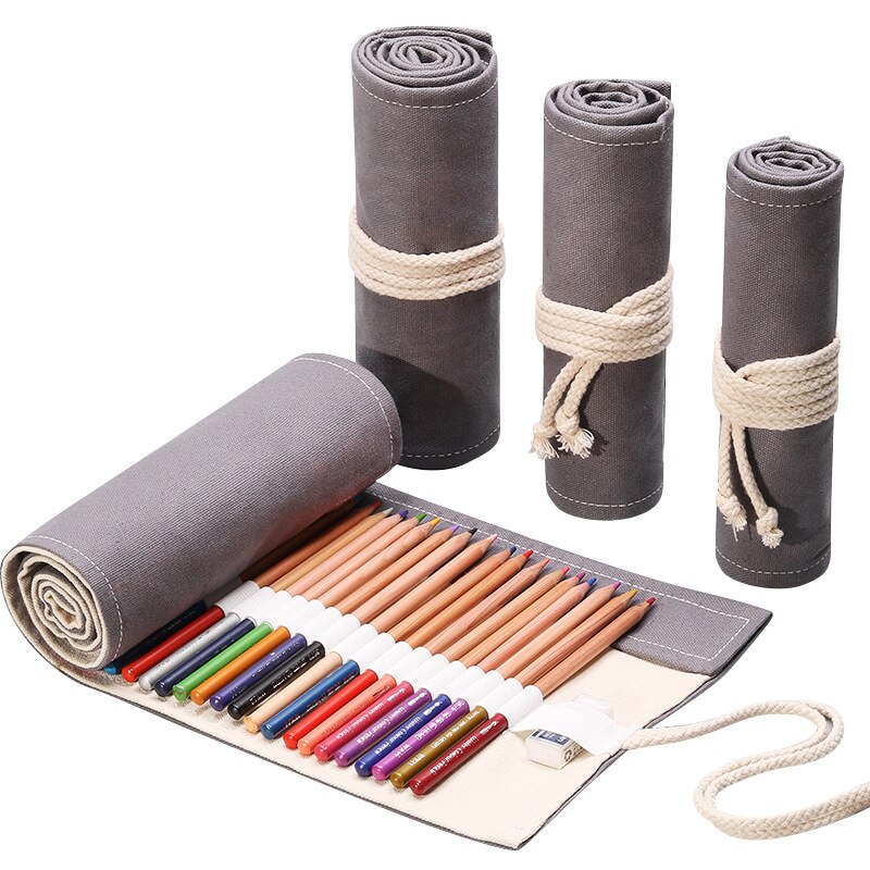 72 Gaten Schoolbenodigdheden Roll-Up Potlood Zakken Voor Kleur Potlood Pennen Tas Potlood Pouch Canvas Handgemaakte Bloemenprint kawaii Bgas: 72 hole solid Gray