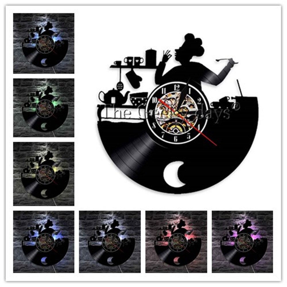 Kitchen Vinyl Record Wall Clock Modern Cooking Room 3D Decoration LED Clock Wall Watch Home Decor for Chef 12 inch: A-7 LED color change