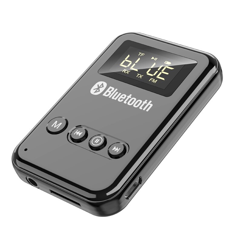Bluetooth 5.0 modtager sender lcd trådløs adapter 3.5mm jack aux fm bilsæt håndfri opkald & mikrofon til pc tv bilhøjttaler: Sort