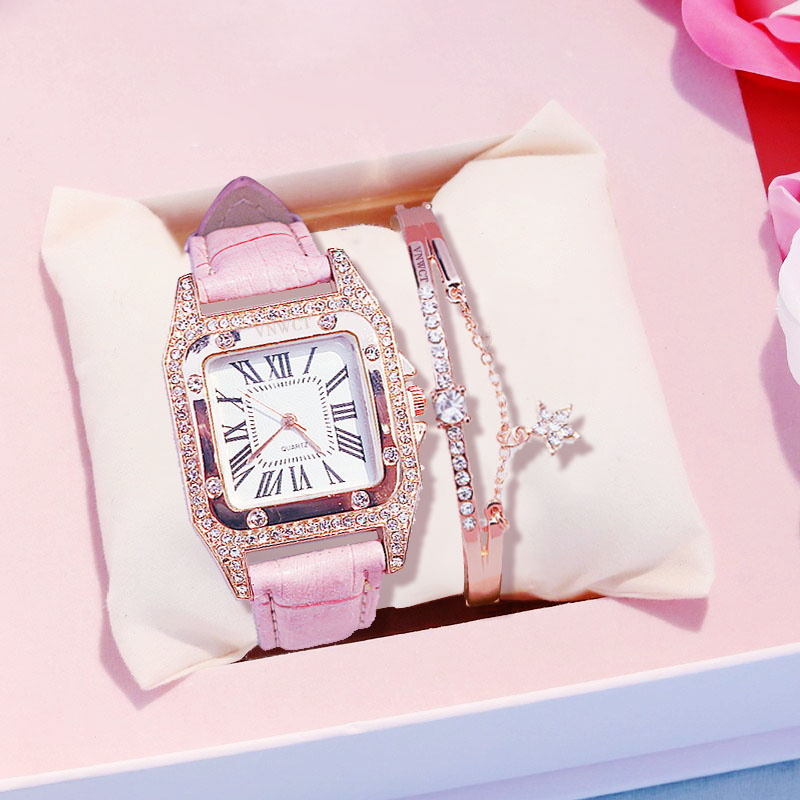 Vrouwen Diamanten Horloge Starry Luxe Armband Set Horloges Dames Casual Lederen Band Quartz Horloge Vrouwelijke Klok Zegarek Damski: Pink and bracelet