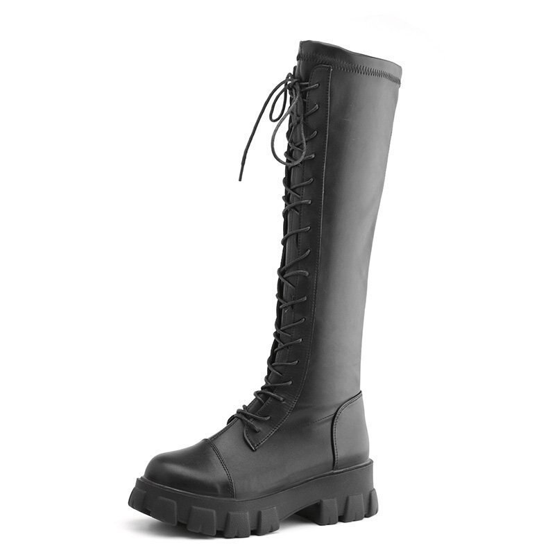 Dikke platform zwarte pu leren kniehoge laarzen dames dikke zool schoenen herfst winter veterschoenen lange laarzen: 35