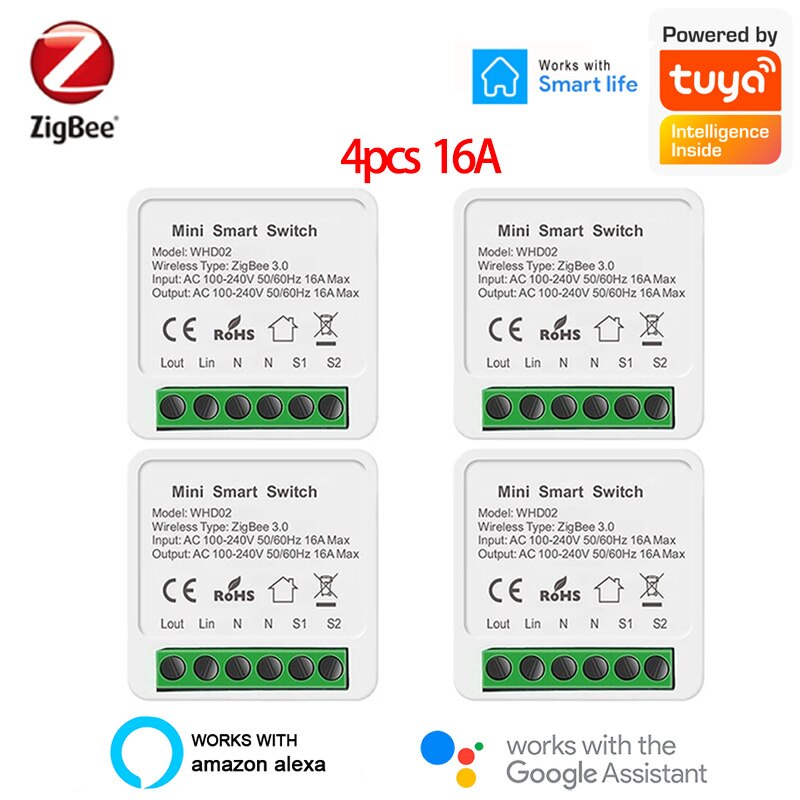 Tuya Zigbee 16A Mini Smart Wifi Switch 2 Way Control, Smart Home Automation Module, Work with Alexa Google Home SmartLife App: 16A 4pcs