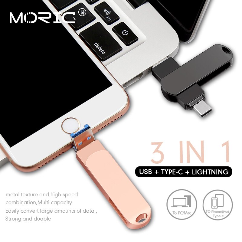 3 In 1 Usb 3.0 U Disk Metal Flash Pen Drive Memory Stick Lightning Connector Voor Iphone 11 Pro/11/Xs/X/8/7