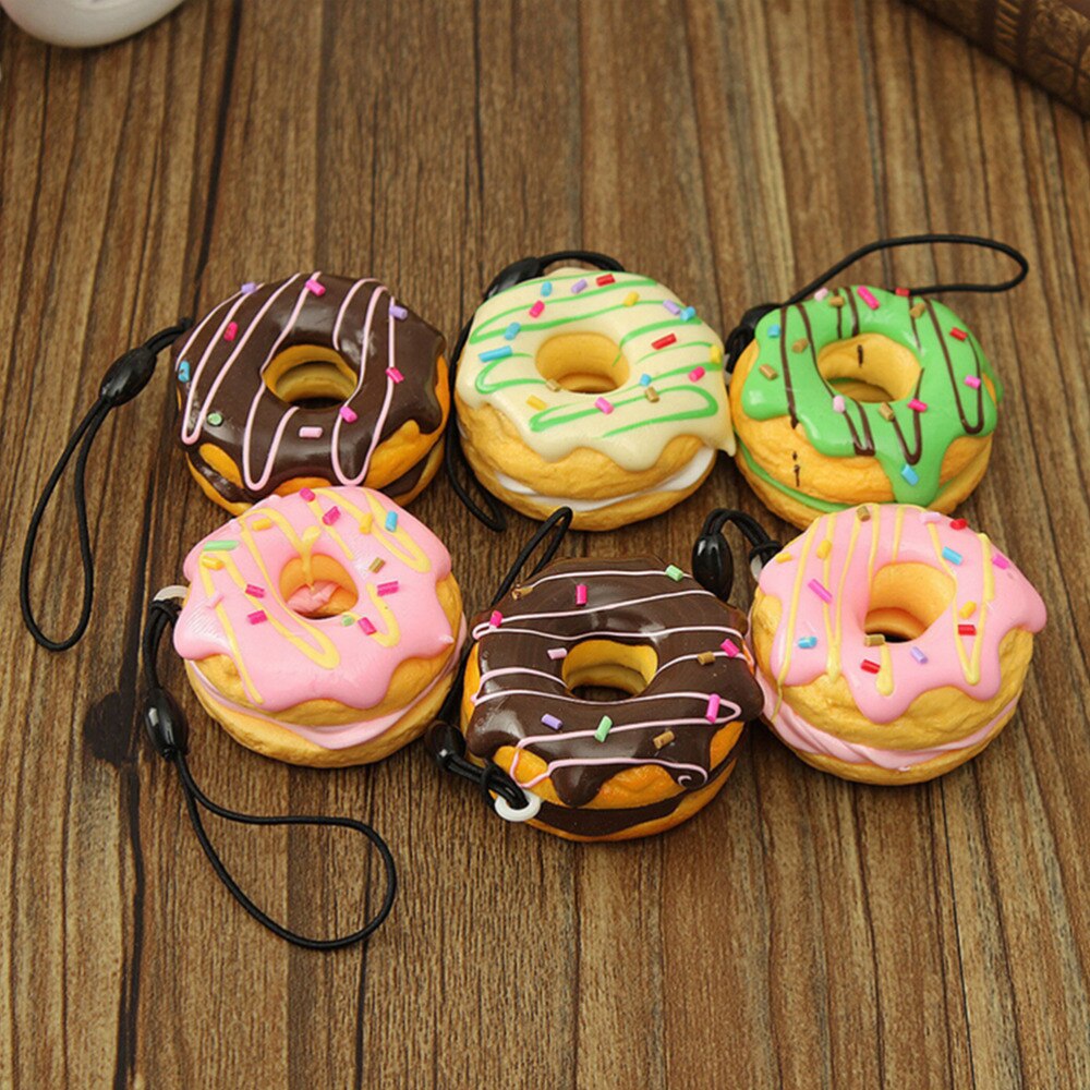 1PC Cute Key Colorful Soft Kawaii Squishy Chain Straps Donuts Charms Cell Phone Straps Keychain Random Color Sent PU