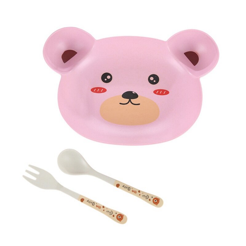 3 Stks/set Milieuvriendelijke Bamboe Fiber Baby Gerechten Animal Bear Servies Set Voor Kids Peuter Servies Voeden Vork Lepel Plaat: A