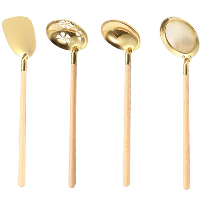 HGHO-ESPÁTULA pequeña de cocina, espátula con mango de madera, cuchara para sopa, colador, utensilios de cocina de acero inoxidable: Default Title