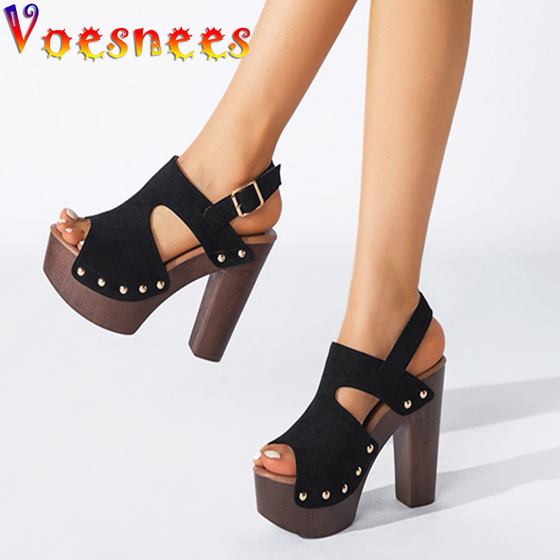 Sandalias de tacón de gamuza grueso para mujer, zapatos de tacón alto de plataforma cómodos y versátiles, estilo romano, con remaches de Color sólido, talla grande