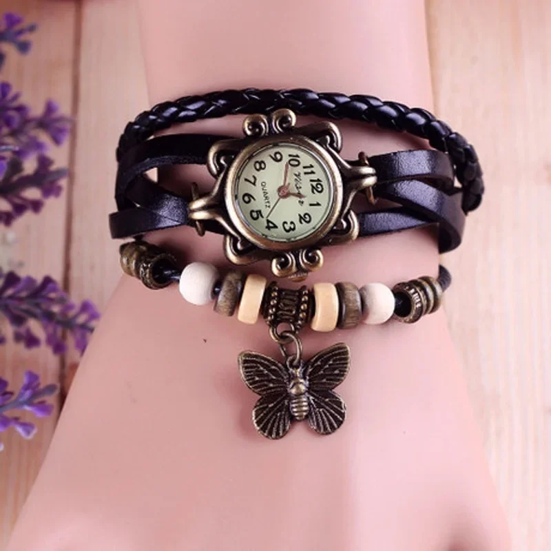 Vintage læder håndvævet dameur antik kobber tynd rem armbånd dameur med vedhæng udsøgt trendy kvartsur