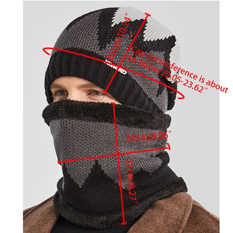 2Pcs Men Winter Flame Pattern Knitted Beanie Hat Circle Scarf Set Outdoor Cycling Windproof Thicken Plush Lined Skull Cap H05D
