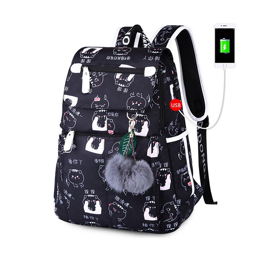 Femme Usb sac à dos enfants sacs à dos école sac à dos pour filles sac Pack Junior lycée sacs pour filles sac à dos pour ordinateur portable: Black Cat