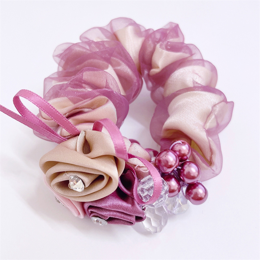 coreana, cuerda para el cabello con perlas, banda para el cabello con flores rosas, lazos para el cabello con diamantes de imitación, banda de goma, joyería para el cabello, accesorios para el cabello para mujer: Gris oscuro