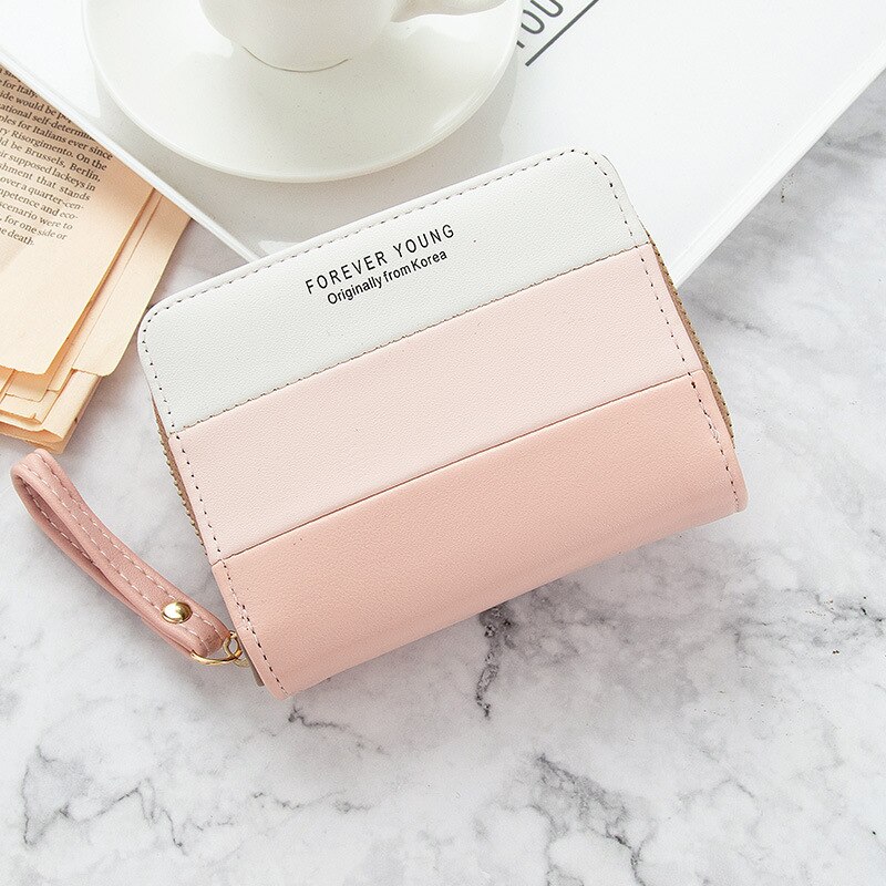 Geestock Short Wallet Women Zipper Purse Patchwork Wallets Coin Purse Multiple Card Slots Credit Card Holder PU Leather: Pink