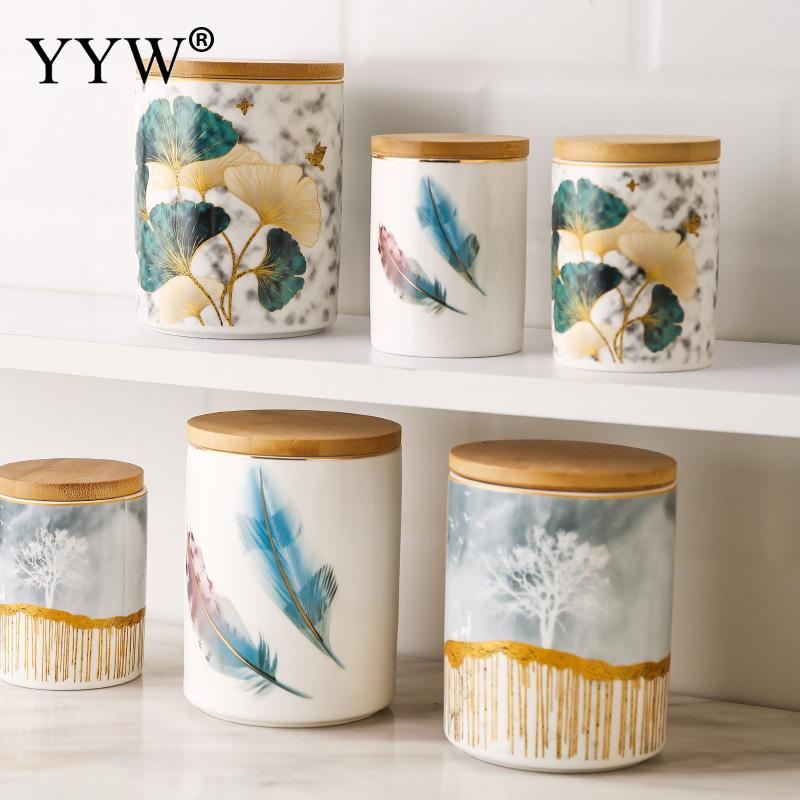 Latas herméticas de cerámica, latas de café nórdicas con tapa de madera, cajas de almacenamiento de fruta seca comida, accesorios de cocina, latas de almacenamiento