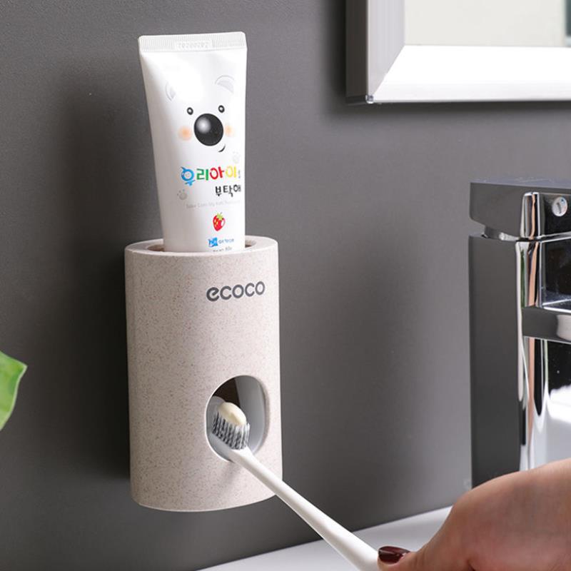 ECOCO Automatic Toothpaste Dispenser Dust-proof Toothbrush Holder Wheat straw Wall Mounted Toothpaste Squeezer for bathroom