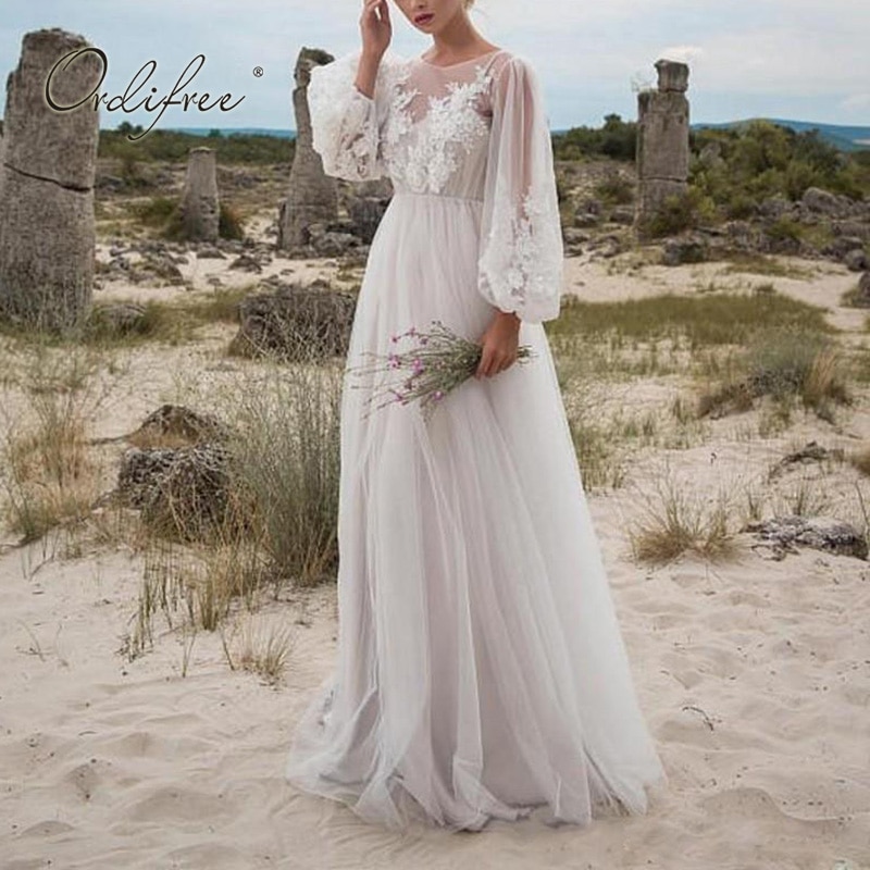 Ordifree sommer kvinner lang tyll kjole langermet broderi bryllup kall sexy hvit blondere maxi tunika strandkjole