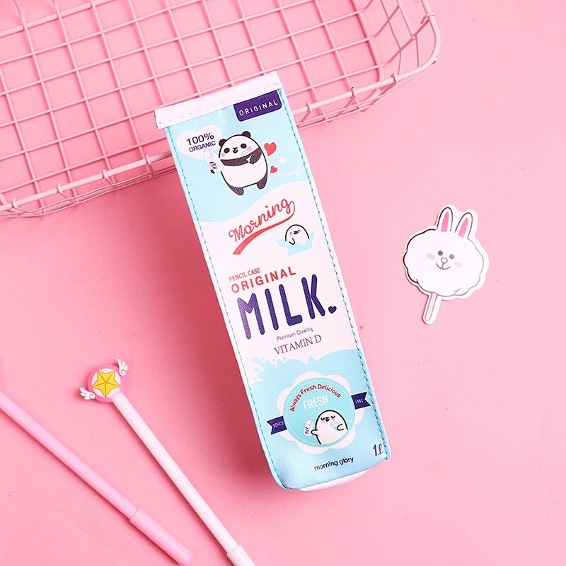 Preciosa caja de leche de vaca forma monedero pequeño bolso de dibujos animados estudiantes papelería almacenamiento caso aguacate organizador bolsa con cremallera para niños: 11