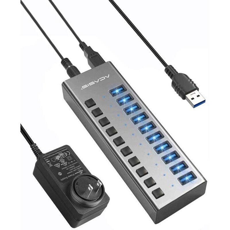 ACASIS Powered USB Hub 10 Ports 90W USB 3.0 Data Hub - with Individual On/Off Switches for PC, Computer,HDD,Flash Drive- US Plug