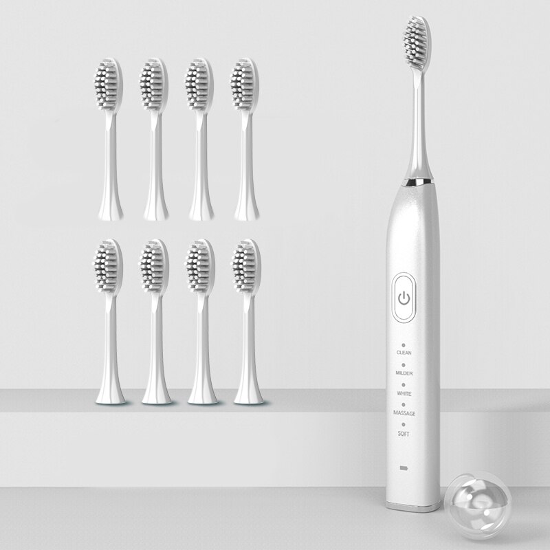 Ultrasonic Sonic Electric Toothbrush Powerful Tooth Brush USB Rechargeable Adult Electronic Washable Whitening Teeth Brush: 10 gears 8 heads W