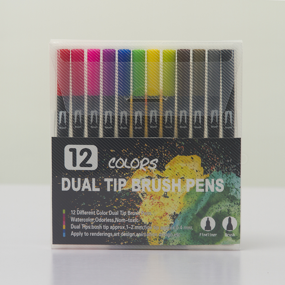 12/24/36/48/72/100/120 dobbeltspids vandfarve kunstmarkør, pensel highlighter pen til håndbogstaver skitsering note: 12 farver sort