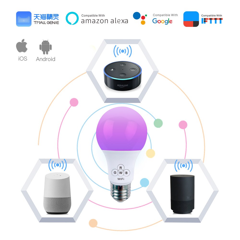 E27 Smart WIFI Lamp RGB RGBW Dimbare LED Lamp Gloeilamp Werkt met Alexa Google Thuis, 16 miljoen Kleuren, APP Afstandsbediening