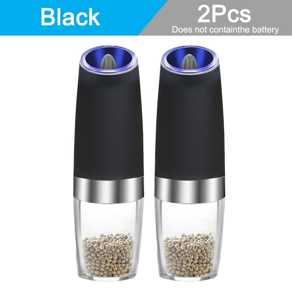 Electric Automatic Mill Pepper and Salt Grinder LED Light Spice Salt Pepper Core Grain Mill Porcelain Grinding Kitchen Tools: 2 Pcs Black A