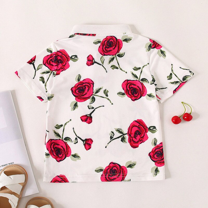 Laatste Mode Jongens Peuter Gedrukt T-shirt Rose Bloemen Patroon Revers Hals Korte Tops