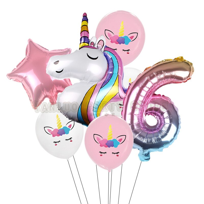 7 stk/parti regnbue enhjørning fest ballonger enhjørning bursdag dekorasjon nummer ballong barnebursdag fest baby dusj dekor globos: 6