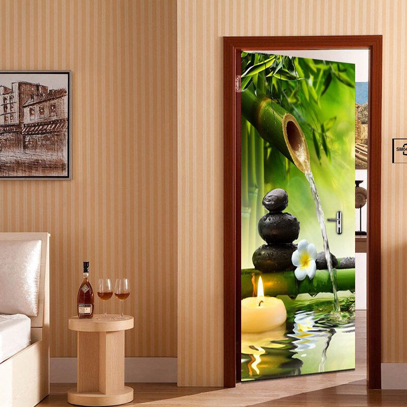 Pegatinas de puerta de paisaje de bambú verde 3D DIY, autoadhesivo de PVC, Mural de puerta de sala de estar, pegatina de pared, póster, papel tapiz fotográfico