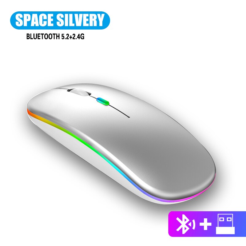 2.4Ghz RGB Wireless Mouse Rechargeable For Macbook For iPad tablet Bluetooth PC Computer Mouse For Laptops LED Backlight Silent: Bluetooth RGB Sliver