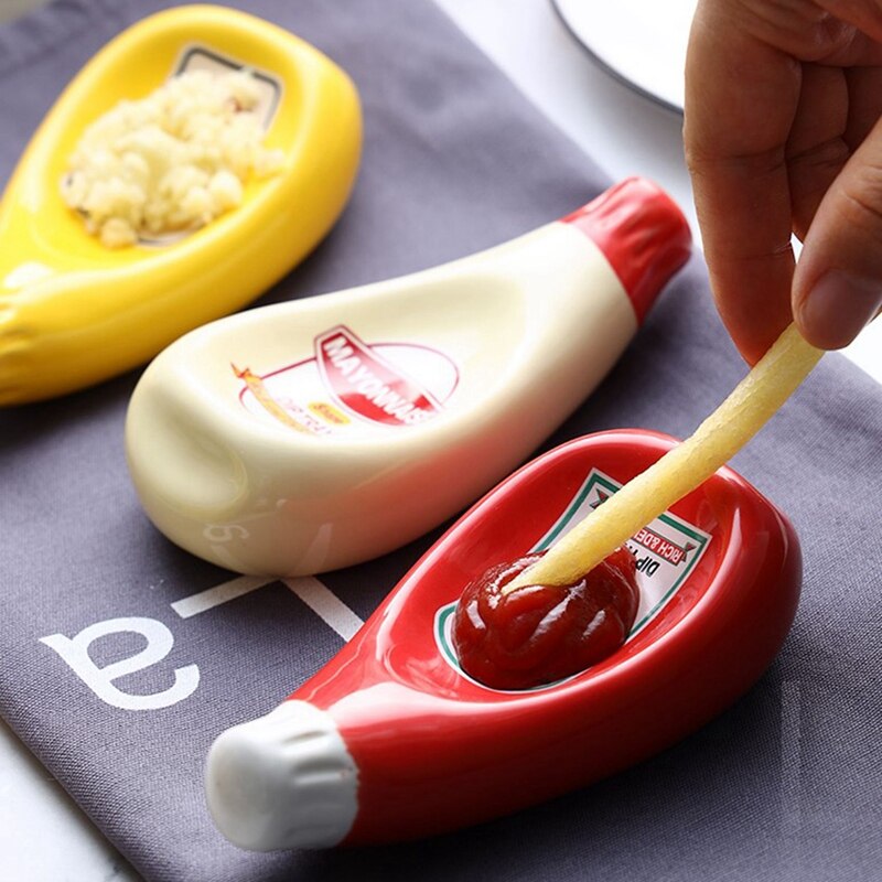 2 Pcs Ceramic Tomato Sauce Bottle Shape Dish Soy Sauce Plate Ketchup Mayonnaise Mustard Seasoning Dish S, Beige &amp; Red