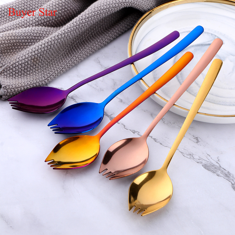 8PCS Stainless Steel Dinner Spork Camping Tableware 2 In 1 Colorful Rainbow Dessert Salad Fork Unique Spoons Bento Accessories