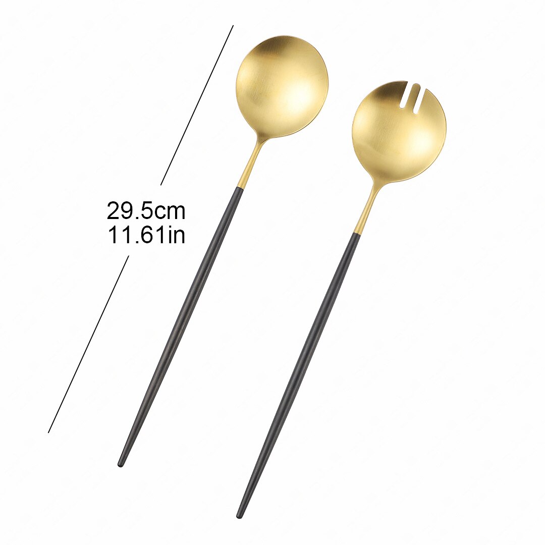 304 Stainless Steel Serving Spoon Set Kitchen Large Salad Spoon Fork Cutlery Set Dinning Server Steel Utensils Salad Scoop Fork: black gold