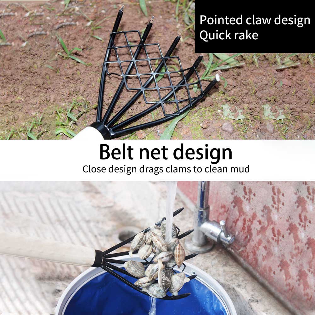 Râteau à palourdes pour la maison, outil, accessoires de maison, coquille, fruits de mer, manche en bois, jardin plage 5 griffes, fourche utile avec filet