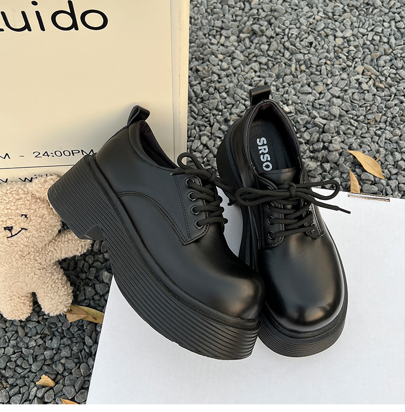 Womens Derby Shoes Autumn British Style Female Footwear Loafers With Fur Round Toe Clogs Platform Casual Sneaker Leather Fall Pr: Dark Grey / 39