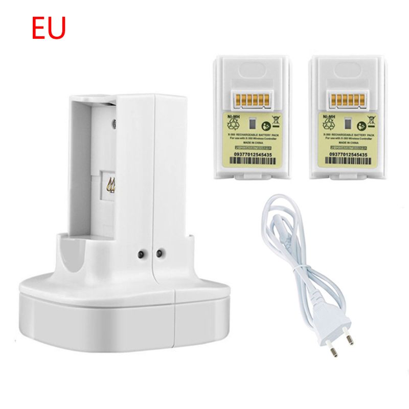 1 pc dubbelladdare laddningsstation med laddningsbart batteri us/eu-kontakt nätsladd för xbox 360 spelkontrolltillbehör: W-eu