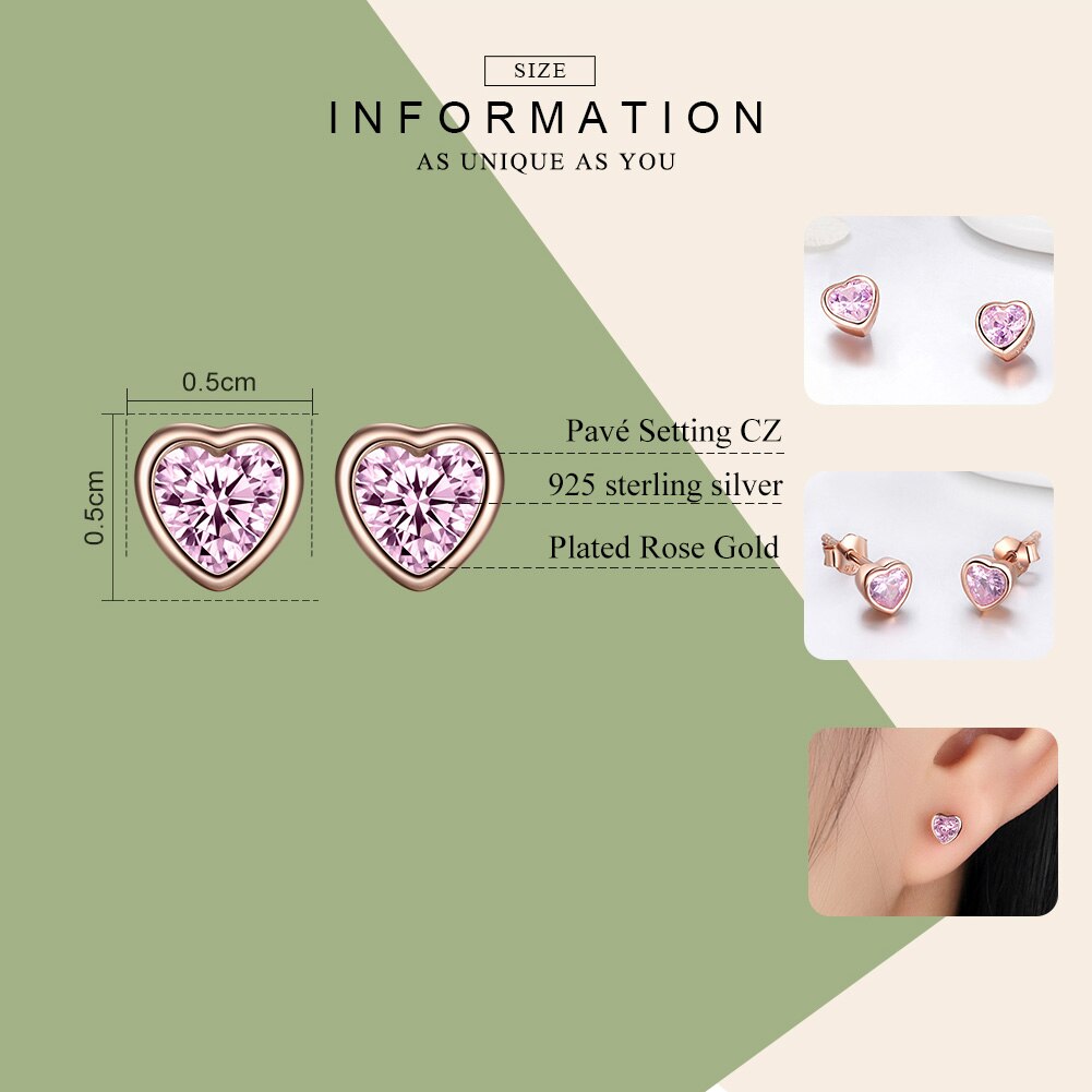 WOSTU Authentische 925 Sterling Silber Rose Gold Herz Stud Ohrringe Für Frauen Funkelnden Rosa CZ Schmuck Silber Party