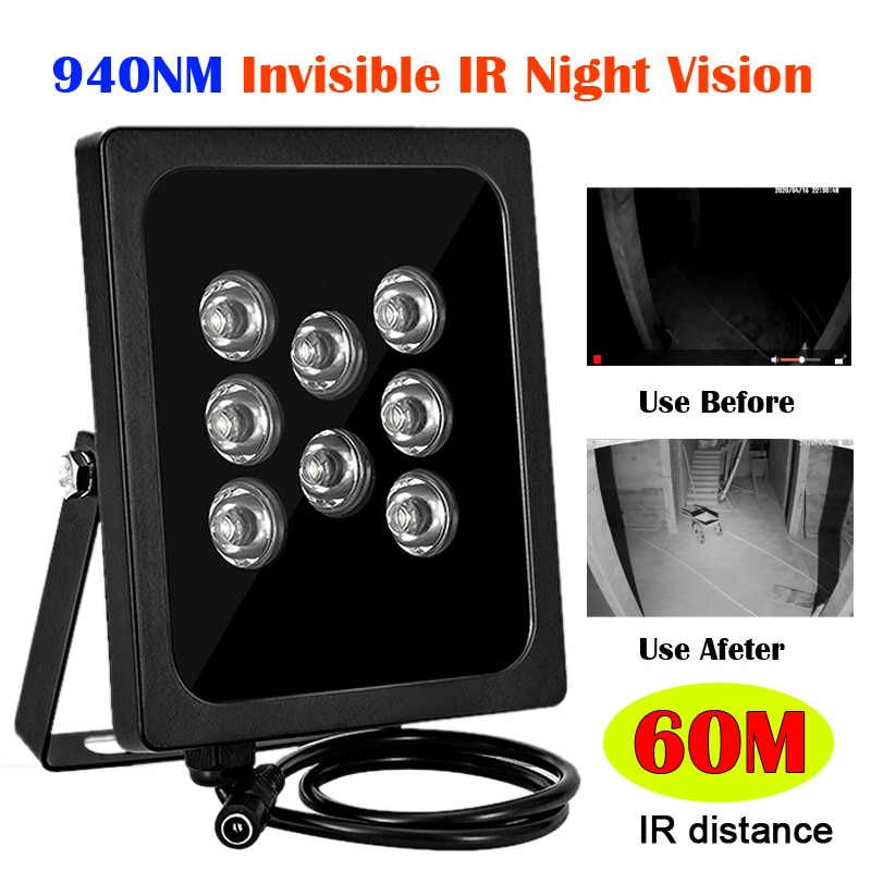 Iluminador Invisible de 940NM, 50M de distancia IR, 8 luces LED infrarrojas para cámara exterior, luz de relleno de visión nocturna para cámara CCTV