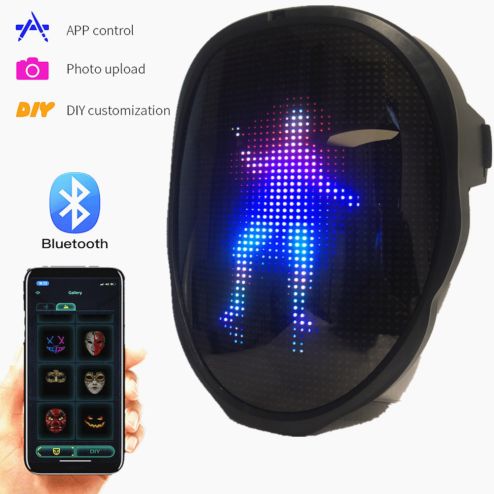 Full color Bluetooth Party LED Lights Up Disco Wine Bar Dynamic Flashing LED Mask, Raves APP Diy Picture Text Photo Upload