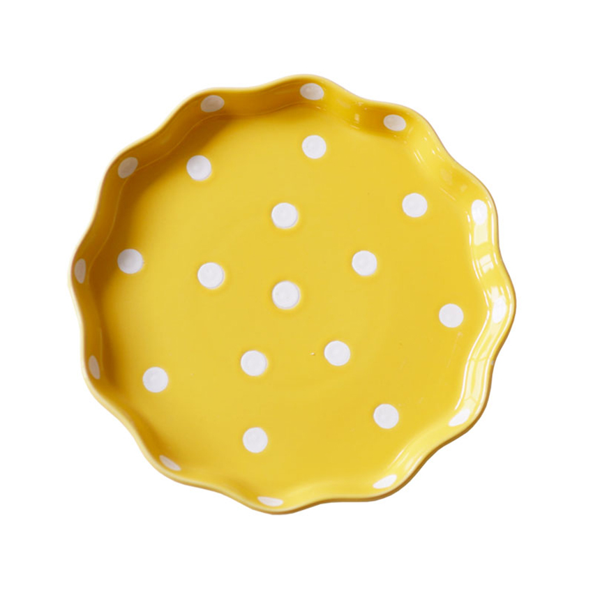 Porcelain Pie Pan, Round Pie Plate Baking Dish with Ruffled Edge Fruit Dessert Vegetable Plate Microwave Baking Plate: YELLOW