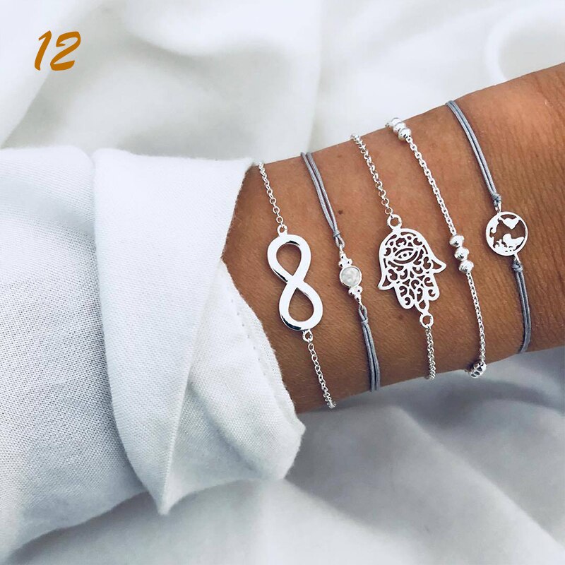 4 unids/set Bohemia Vintage pulseras para las mujeres de la joyería de Boho granos geométricos de la mano de la cadena encanto pulsera brazaletes conjunto Набор: 12