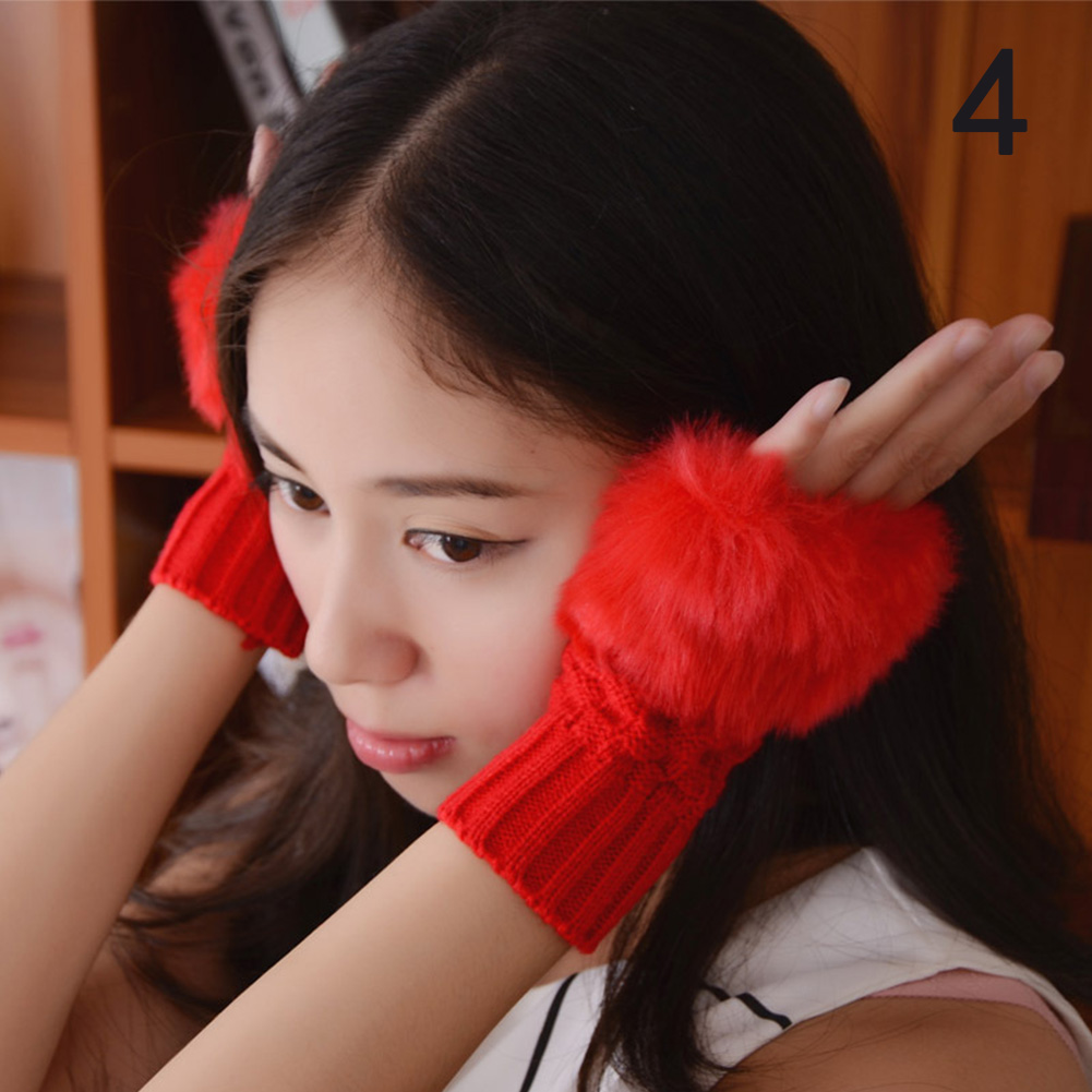 Gants d&#39;hiver en fausse fourrure de lapin pour femme, couleur unie, couvre les manches, plus , sans doigts, tricoté, mitaine, à la: 4