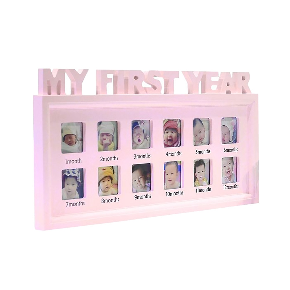 Fotos de "Mi primer año" para niños, recuerdo conmemorativo, de recuerdo en crecimiento, marco de fotos, 0-12 meses, 12 cuadrículas: Pink