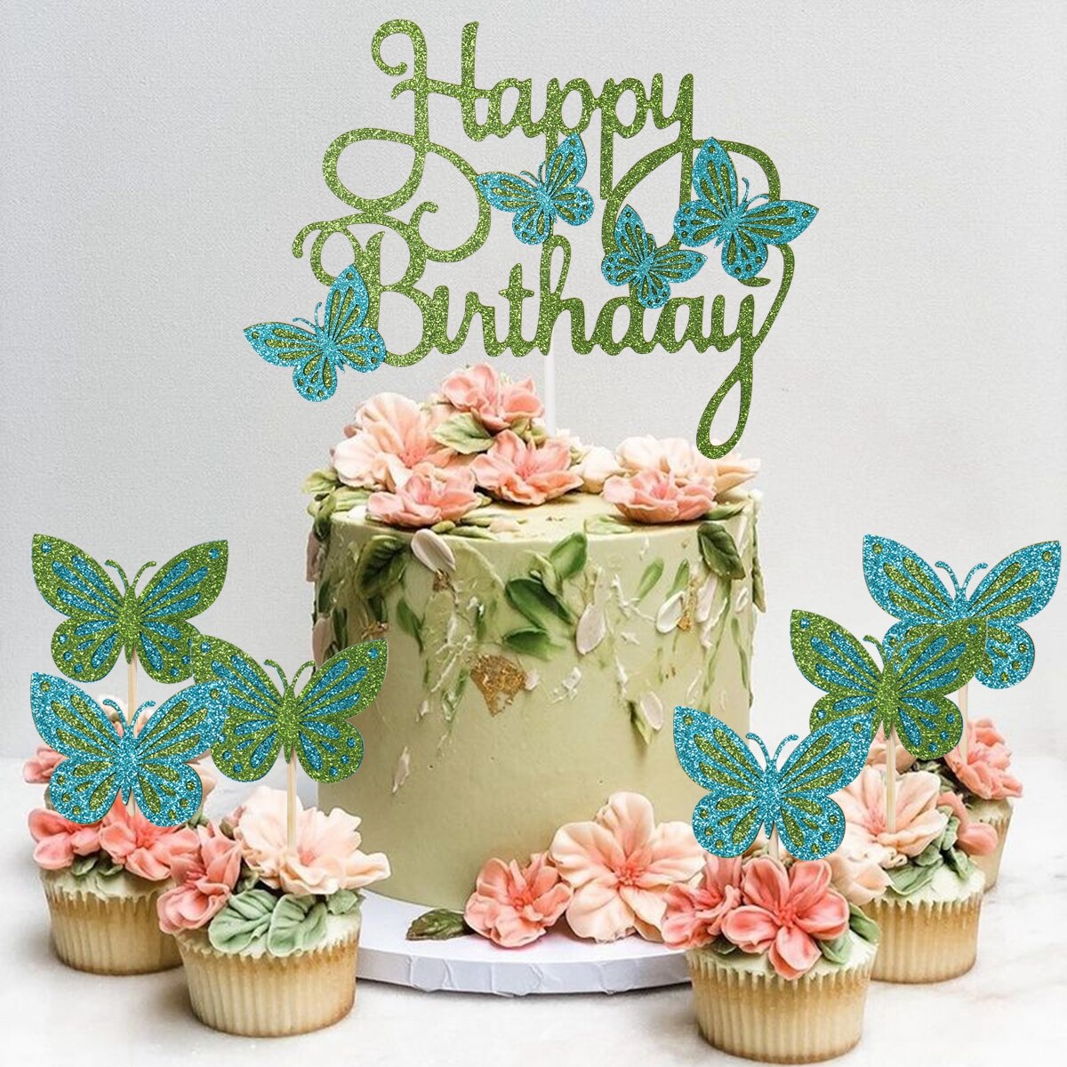 Pink lilla sommerfugl kage topper tillykke med fødselsdagen fest indretning baby shower pige bryllup brud dessert kage indretning cupcake flag