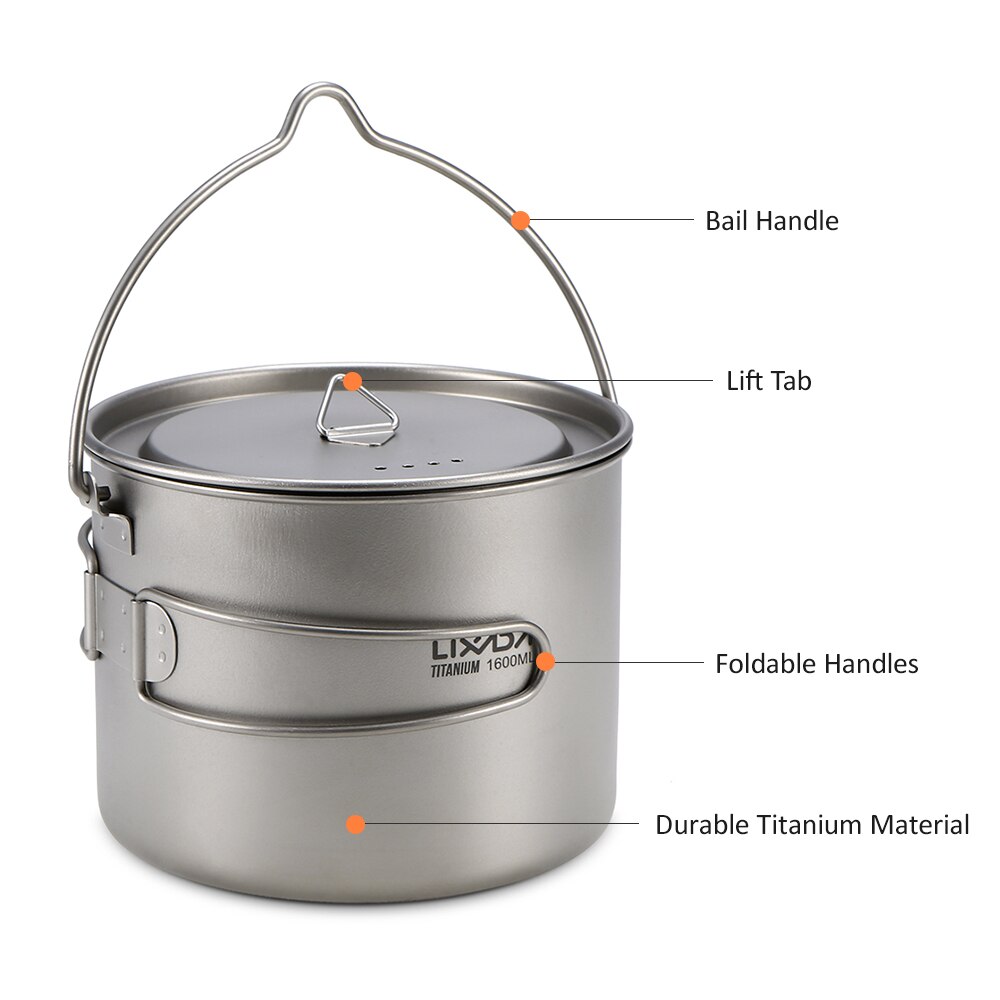 Lixada 900Ml/1600Ml Opvouwbare Handvat Outdoor Picknick Servies Titanium Pot Cup Opknoping Camping Pot Draagbare Water Cup met Deksel