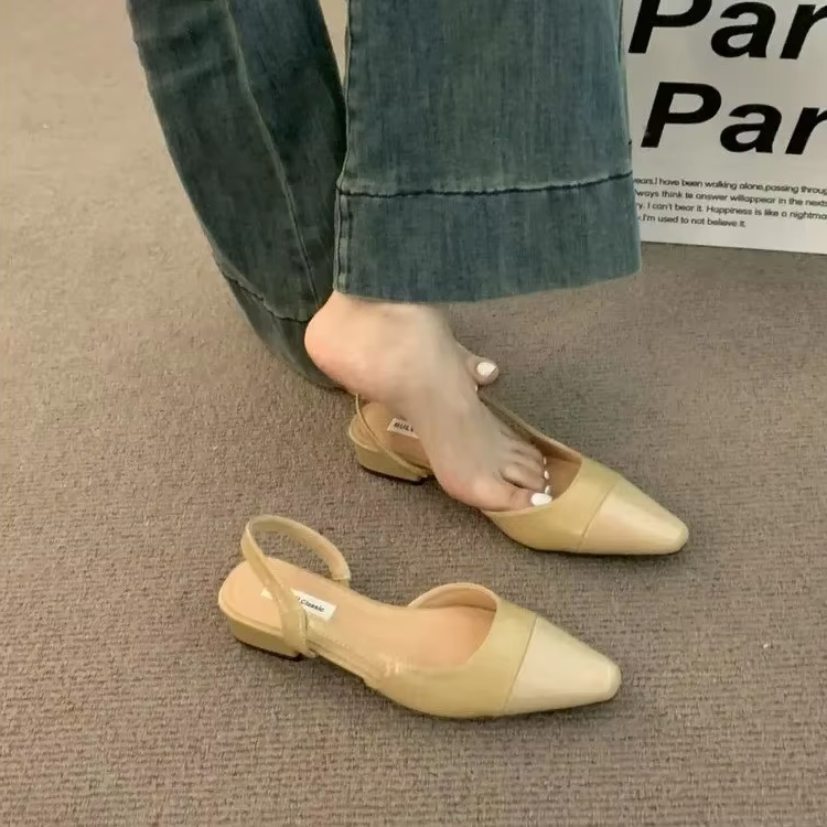2025 sandalias con cabeza de bolso de tacón bajo para mujer a la , zapatos de talla grande con tacón grueso y nude francés, de fragancia: Caqui / 42
